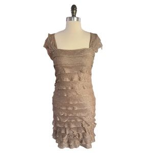 MSSP fitted gold knit ruffle dress knee length size M